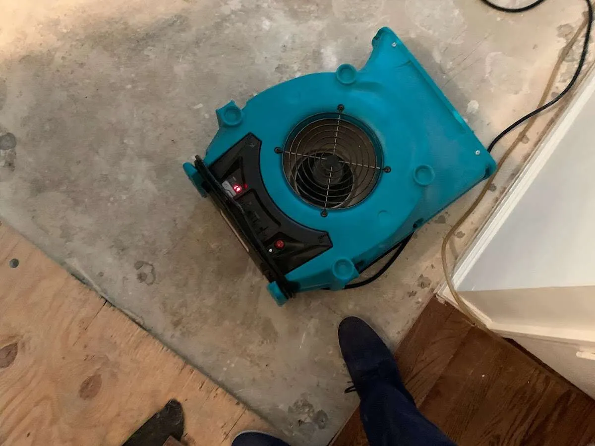 Air mover drying subfloor during Commercial Water Damage Restoration in Bloomfield